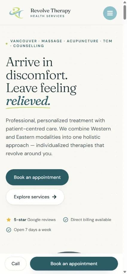 Revolve Therapy website on mobile